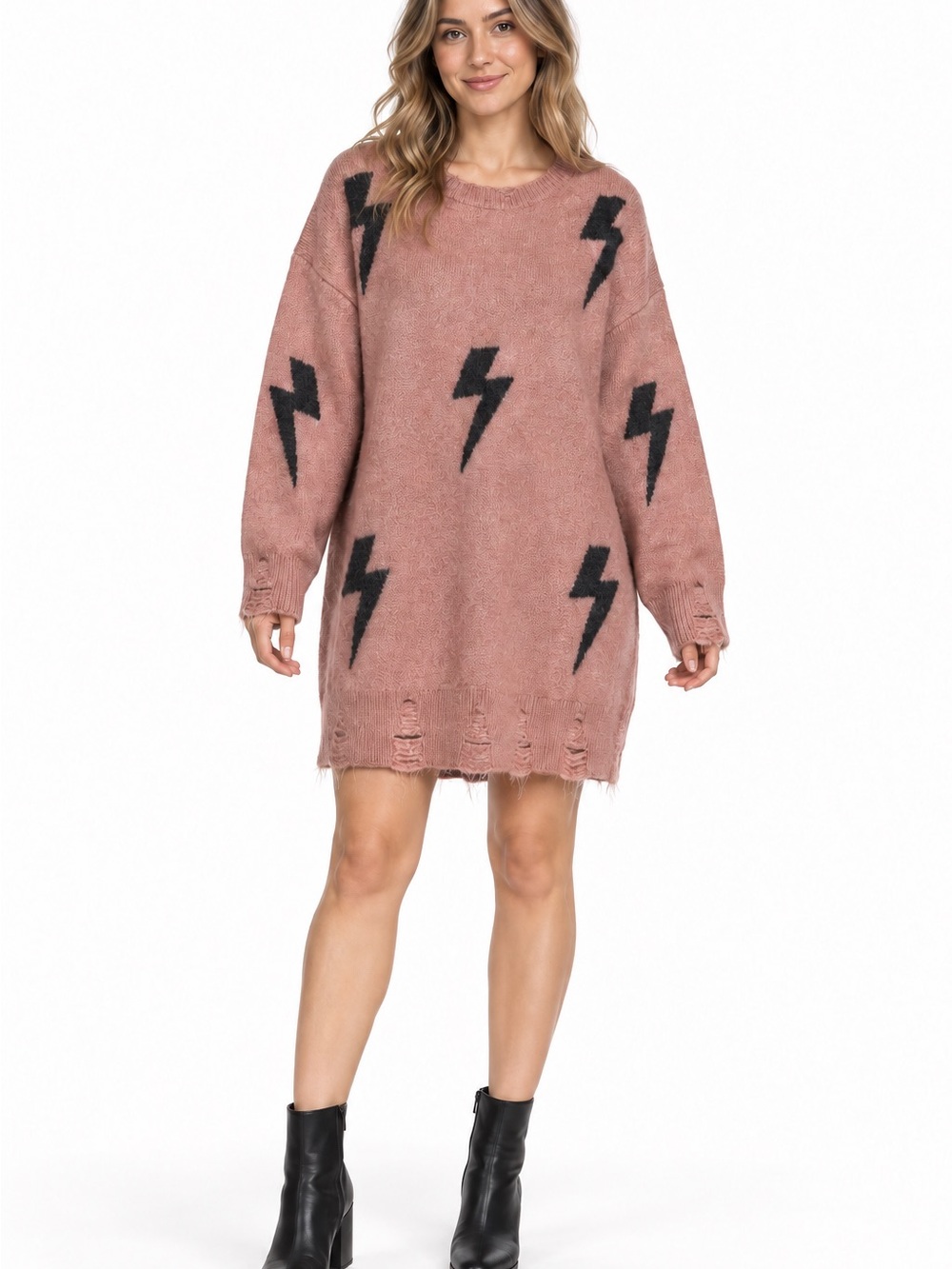 Easel Los Angeles Lightning Bolt Distressed Oversized Sweater Dress Pink Large